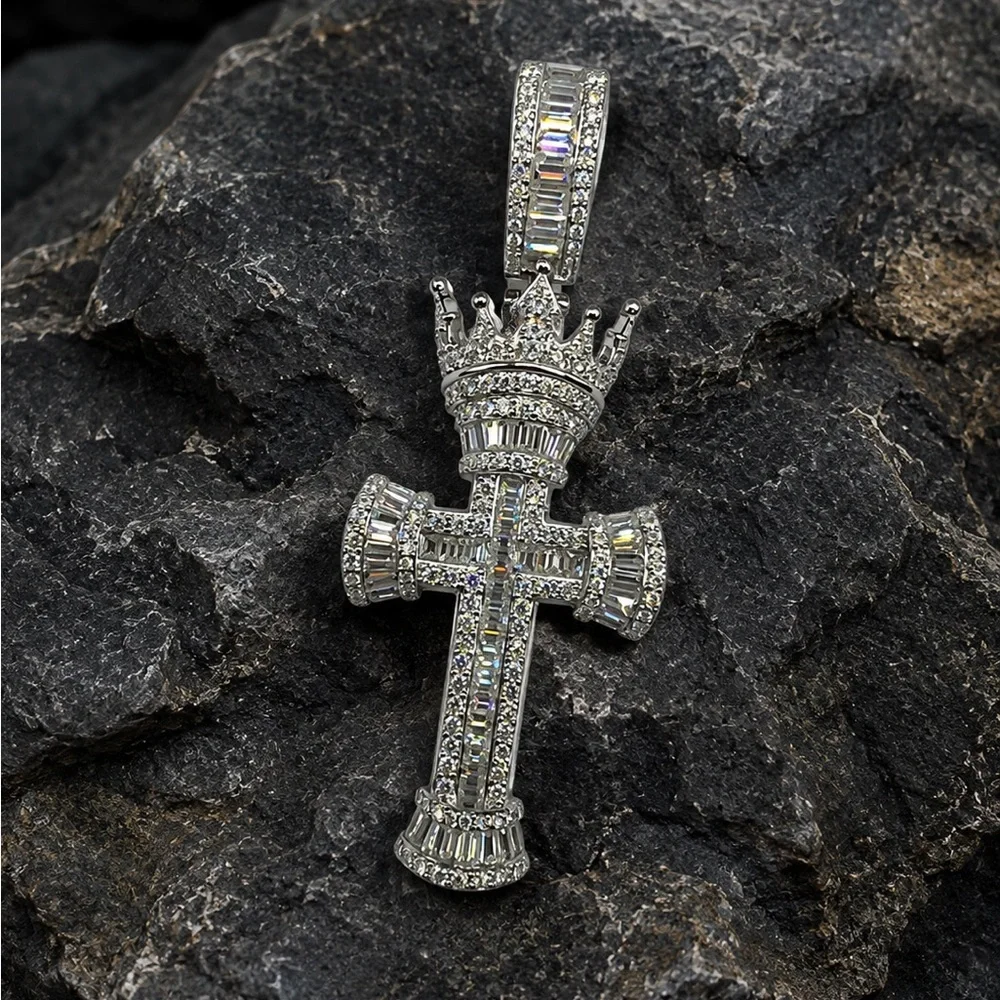 Men's 925 Sterling Silver Crown Cross Pendant 3.80CTW MOISSANITE